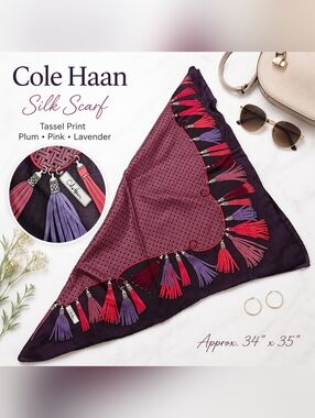Large Cole Haan Plum, Pink & Lavender Silk Tassel Print Scarf | ~34x35 | Vintage